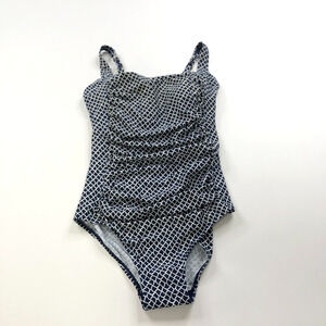 L.L. Bean Geometric Navy and White One Piece Swimsuit
